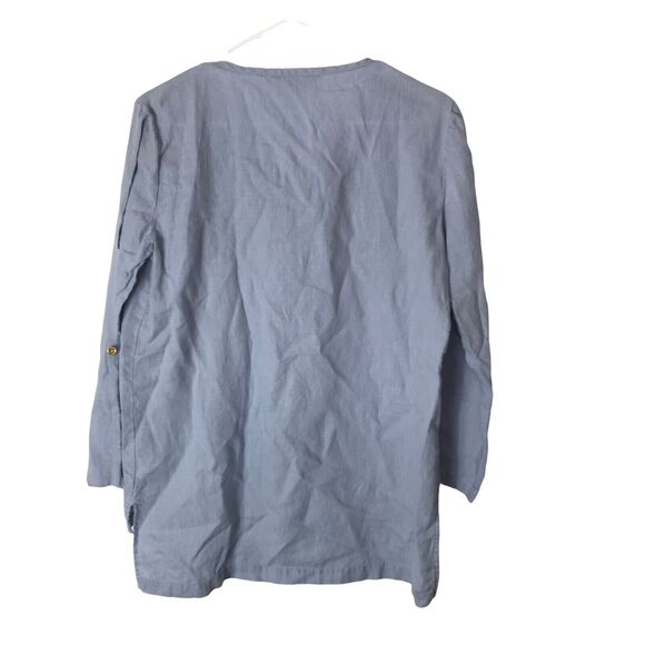 Ellen Tracy 100% Linen Tunic Top Blue‎ Size Small Hi Low Roll Tab Sleeve Pockets - Picture 3 of 7